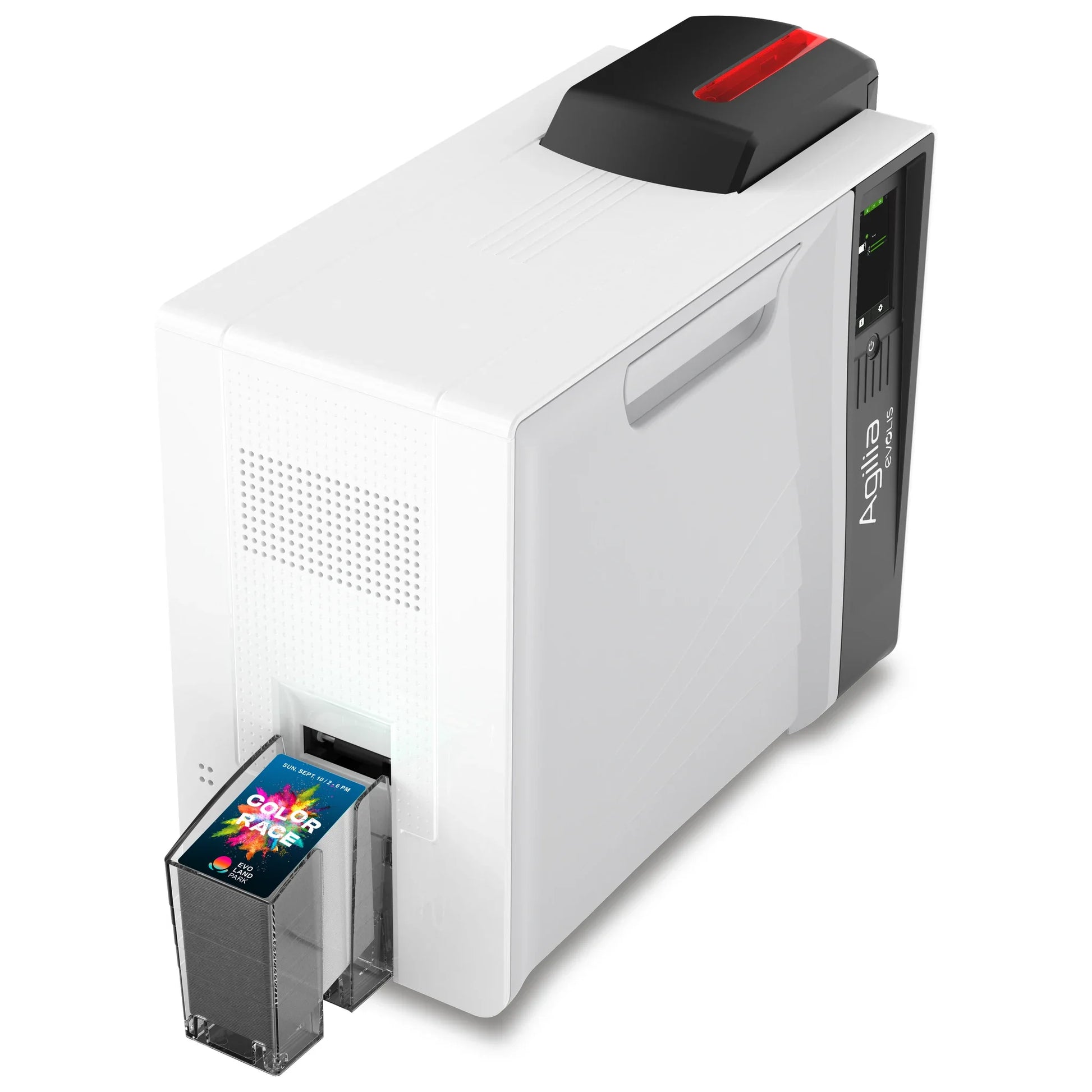 Evolis Agilia retransfer ID card printer, left side view with the card output hopper and touch screen