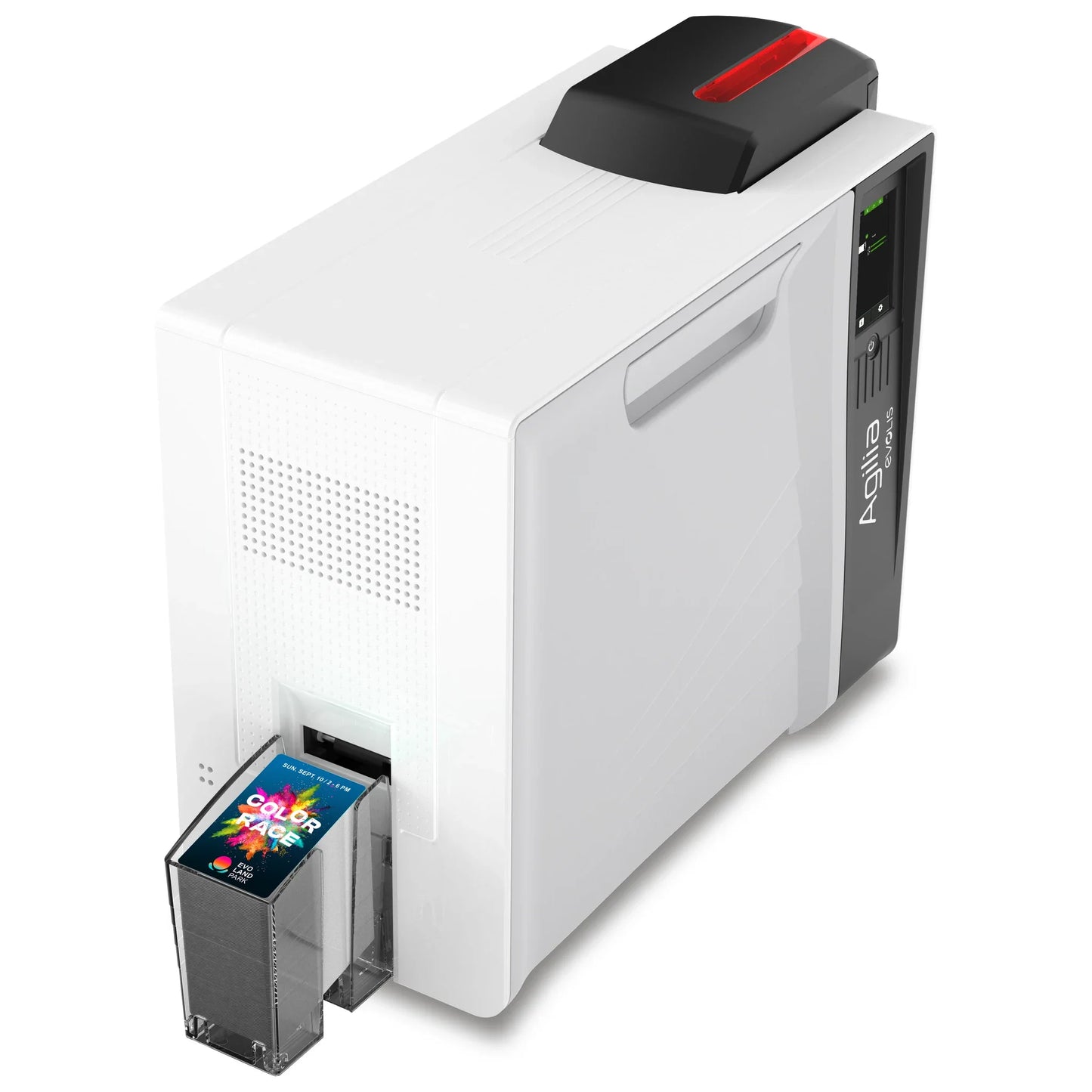 Evolis Agilia retransfer ID card printer, left side view with the card output hopper and touch screen