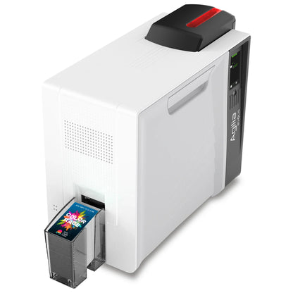 Evolis Agilia retransfer ID card printer, left side view with the card output hopper and touch screen