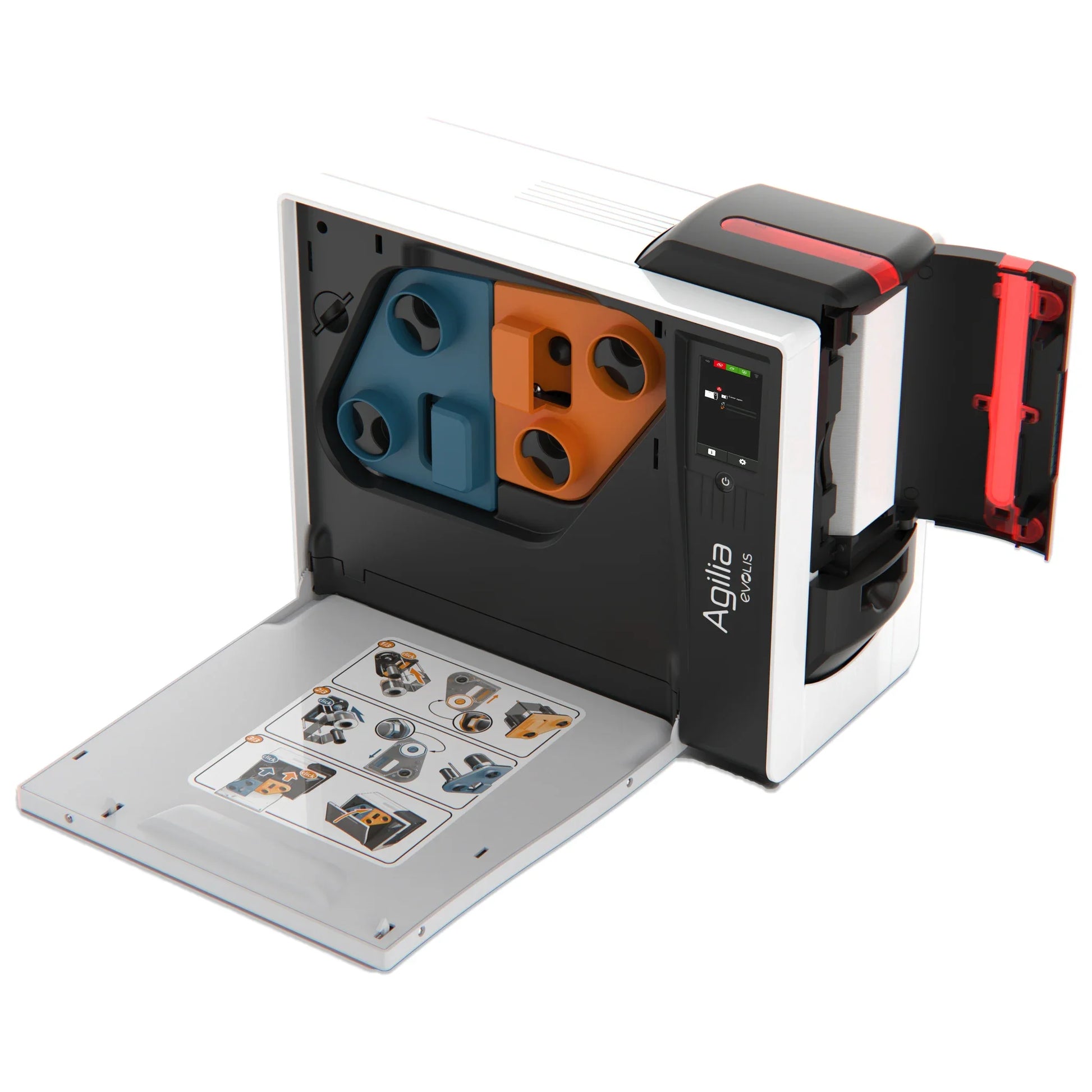 Evolis Agilia retransfer ID card printer with the cover open, showing the retransfer film and ribbon path