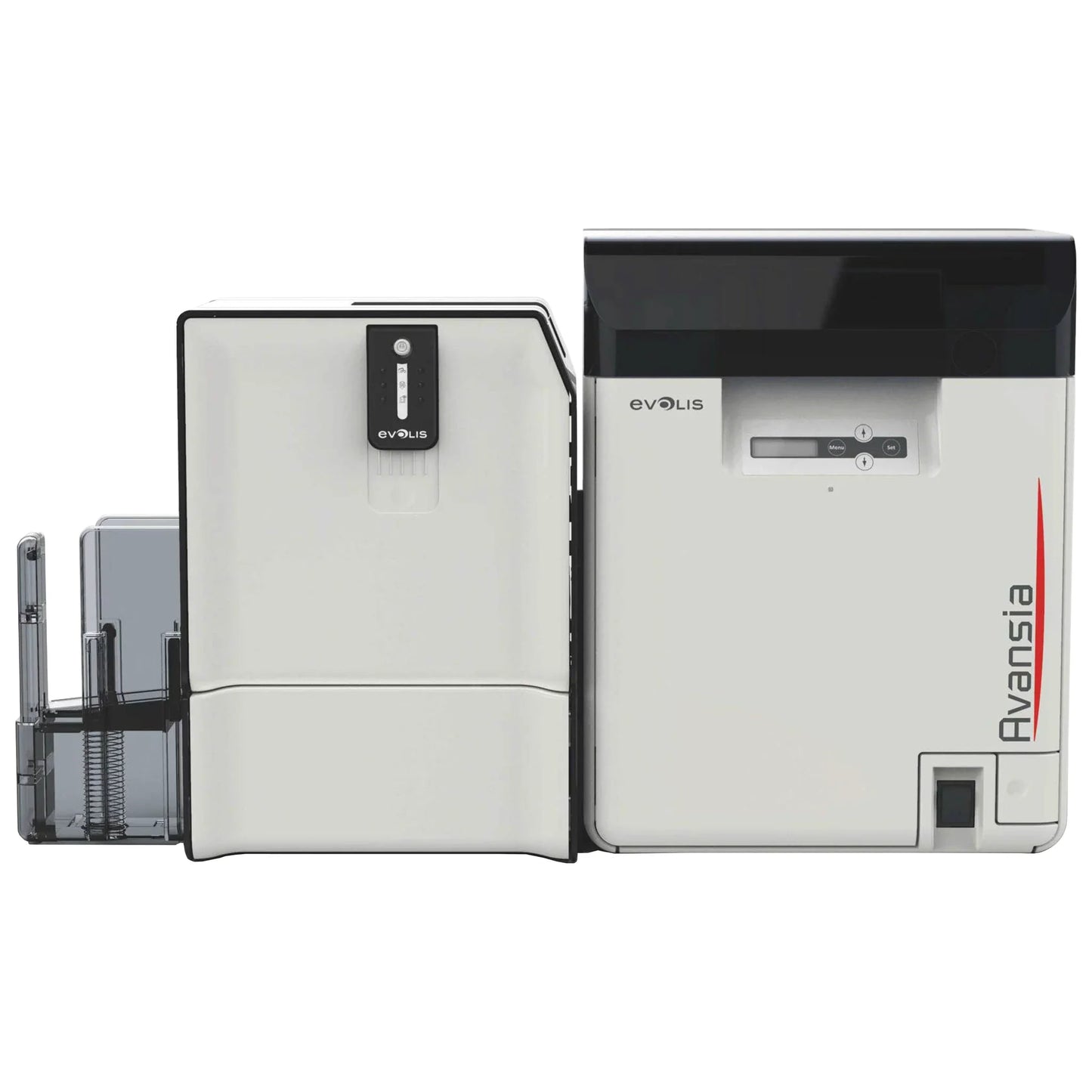 Evolis Avansia retransfer printer with the Card Lamination Module attached, front view of the lamination system