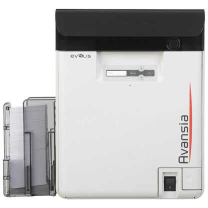 Evolis Avansia dual-sided retransfer ID card printer, front view with LCD status display