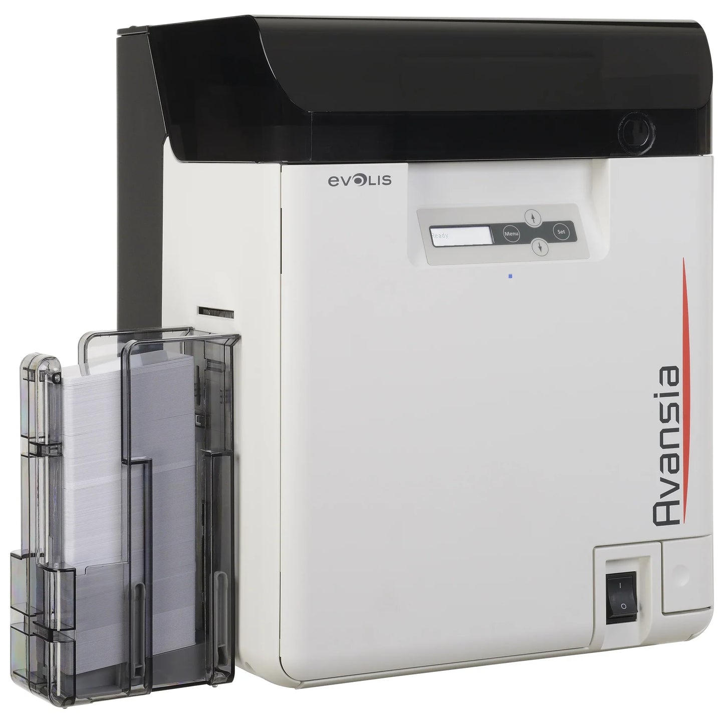 Evolis Avansia retransfer ID card printer, angled view showing the card feeder and output hopper