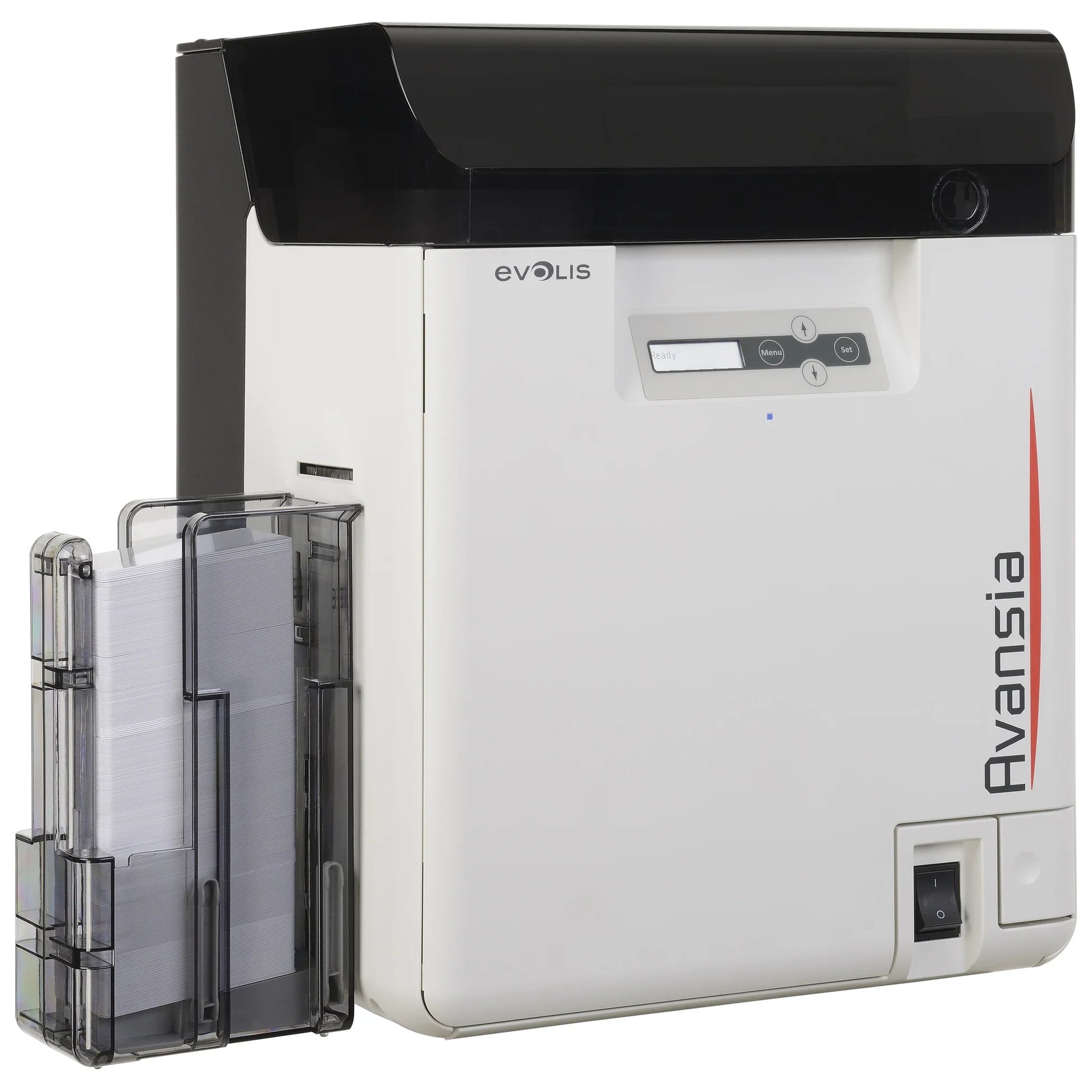 Evolis Avansia retransfer ID card printer, angled view showing the card feeder and output hopper