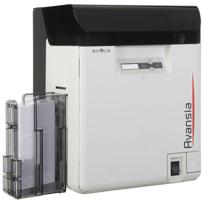 Evolis Avansia retransfer ID card printer, angled view showing the card feeder and output hopper