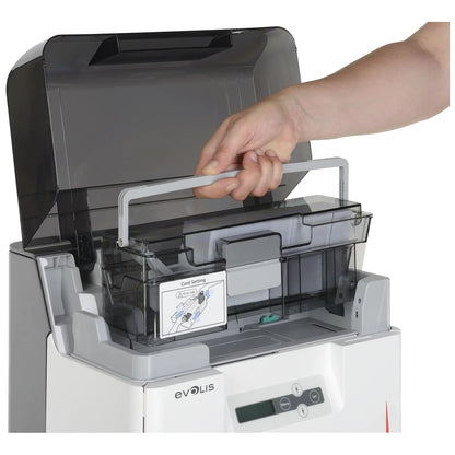 Removing the 250-card detachable feeder from the top of the Evolis Avansia retransfer ID card printer