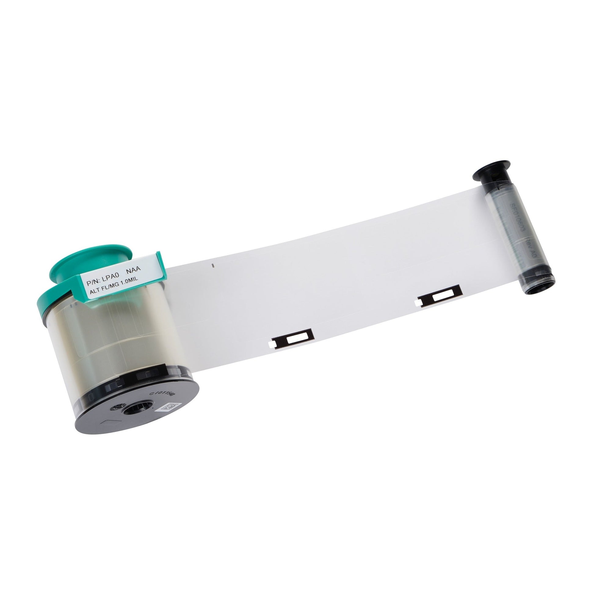 An Evolis LPA072NAA HighTrust Alternate Clear Patch 1.0 mil ribbon cartridge for Avansia and Agilia CLM printers, providing 600 prints with a partially unspooled transparent film and black take-up reel.