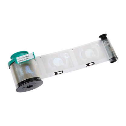 A roll of Evolis LPS029NAA Holographic Patch Ribbon - 600 Prints, compatible with Primacy Lamination Card Printers is shown, reminiscent of the precision found in an ID card security system.