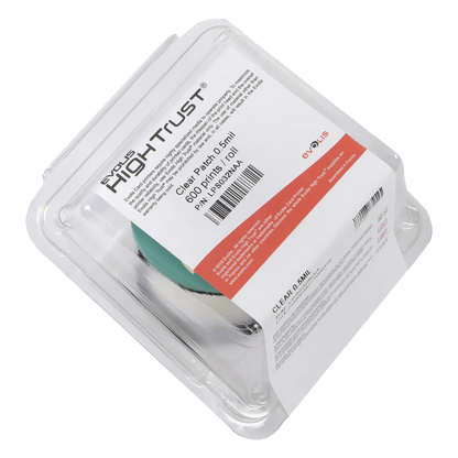 A plastic packaging containing Evolis LPS032NAA Clear Patch Laminate 0.5 mil, designed for 600 prints per roll, perfect for use with Primacy2 and Avansia Lamination ID Card Printers.