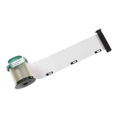 A long strip of white photo film partially unwound from a black and green cartridge with the label "PRF 1/03134AA" adhered to the side, resembling the precision you’d expect from Evolis LPS032NAA Clear Patch Laminate - 600 Prints, 0.5 Mil for Primacy2 and Avansia Lamination ID Card Printers.