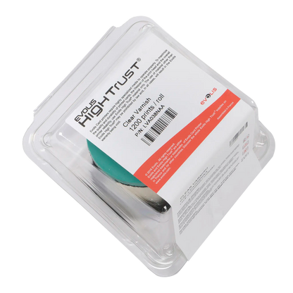 Evolis LVA038NAA Clear Varnish Ribbon in sealed packaging, designed to provide a protective layer for ID cards. This ribbon, labeled with product details, is perfect for use with Primacy2 and Avansia Lamination ID card printers.