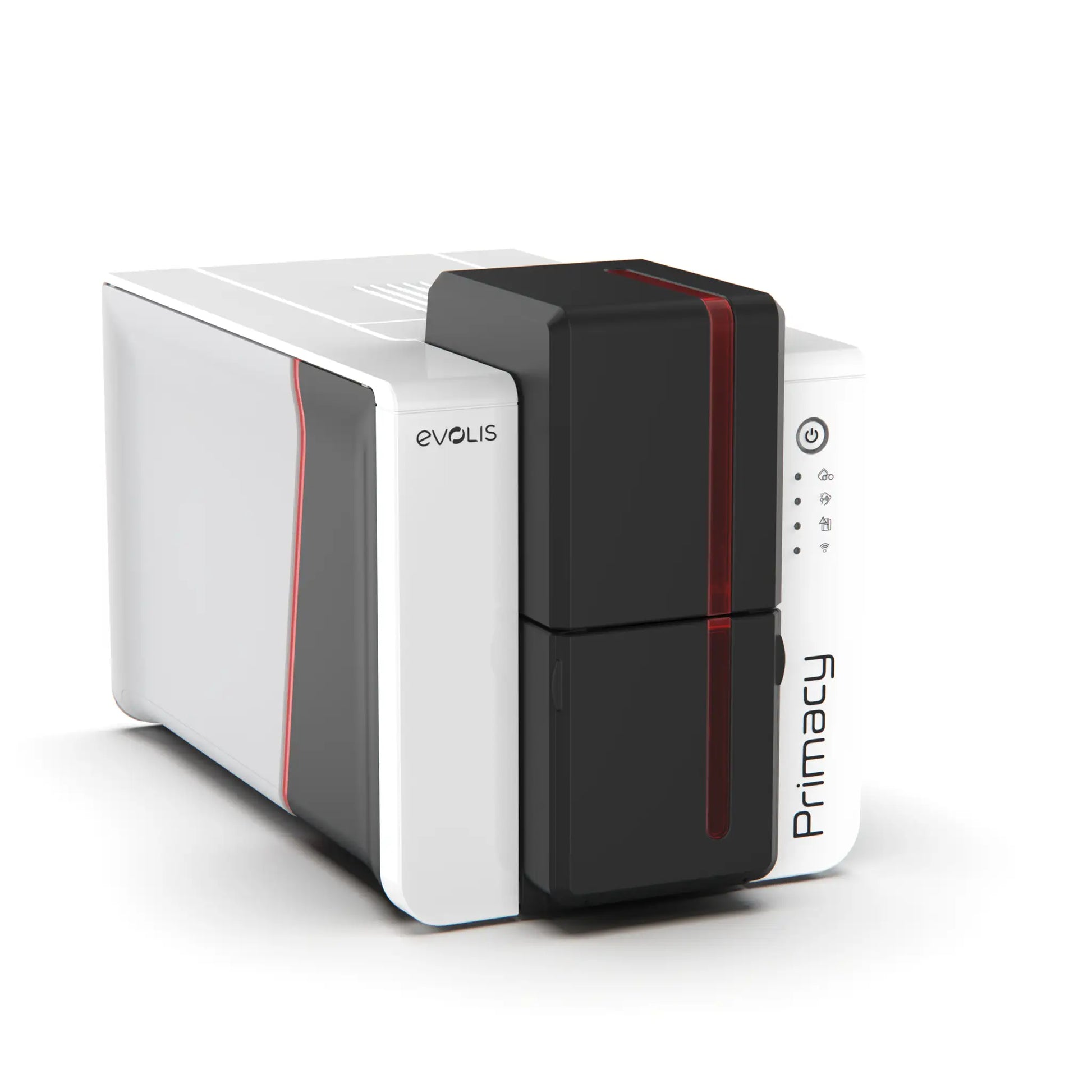 A white Evolis Primacy 2 Single Sided ID Card Printer with black and red accents, designed for high-resolution printing of various types of cards, sits on a white surface. Sold by Specialist ID, an authorized Evolis dealer.