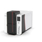 A white Evolis Primacy 2 Single Sided ID Card Printer with black and red accents, featuring a compact design and a front control panel for high-performance card printing. Sold by Specialist ID, an authorized Evolis dealer.