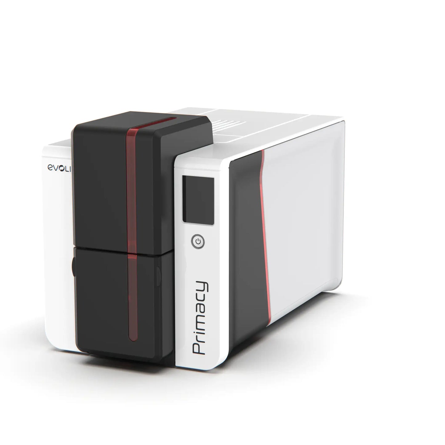 A white Evolis Primacy 2 Single Sided ID Card Printer with black and red accents, featuring a compact design and a front control panel for high-performance card printing. Sold by Specialist ID, an authorized Evolis dealer.