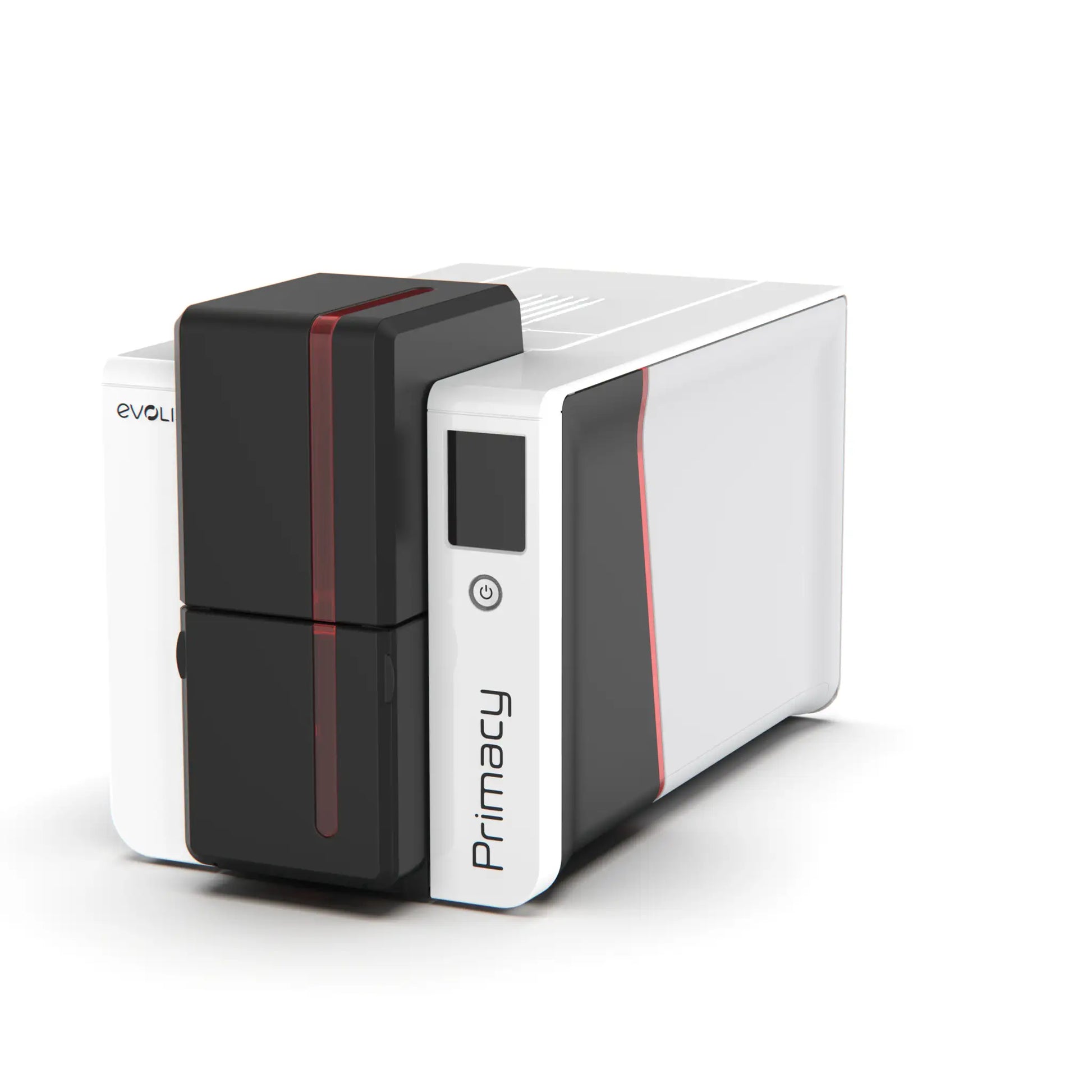 A white Evolis Primacy 2 Single Sided ID Card Printer with black and red accents, featuring a compact design and a front control panel for high-performance card printing. Sold by Specialist ID, an authorized Evolis dealer.
