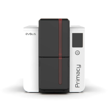 Front view of the high-performance Evolis Primacy 2 Single Sided ID Card Printer featuring a sleek white and black design with a prominent vertical red stripe and a small display screen on the right. Sold by Specialist ID, an authorized Evolis dealer.