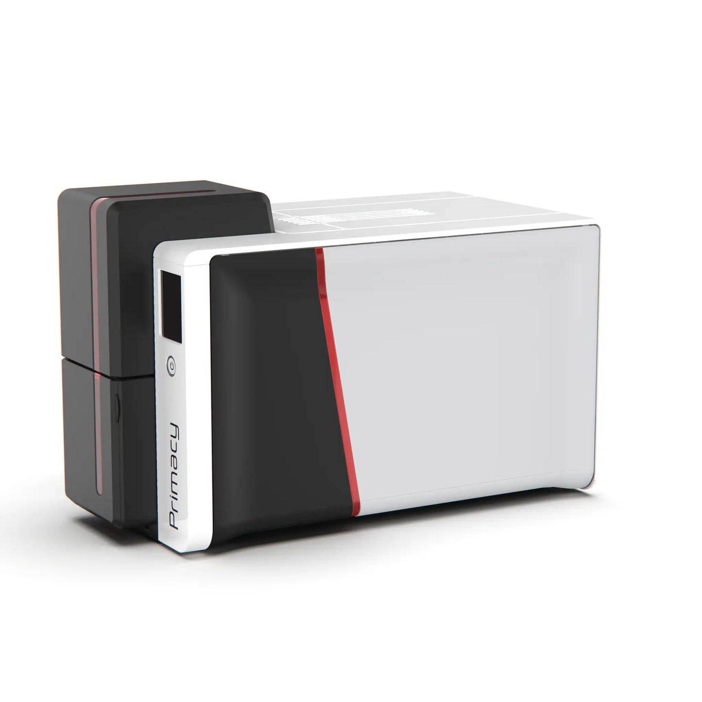 A sleek black and white ID Card Printer with a red accent, labeled "Evolis Primacy 2 Single Sided ID Card Printer," offers high-performance card printing. Sold by Specialist ID, an authorized Evolis dealer.