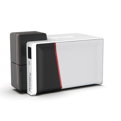 A sleek black and white ID Card Printer with a red accent, labeled "Evolis Primacy 2 Single Sided ID Card Printer," offers high-performance card printing. Sold by Specialist ID, an authorized Evolis dealer.