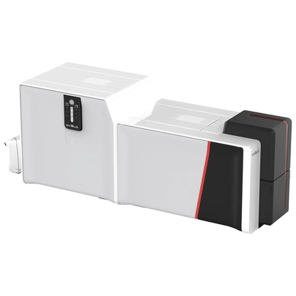 Evolis Primacy 2 with the Card Lamination Module (CLM) attached, angled view of the inline printing and lamination system