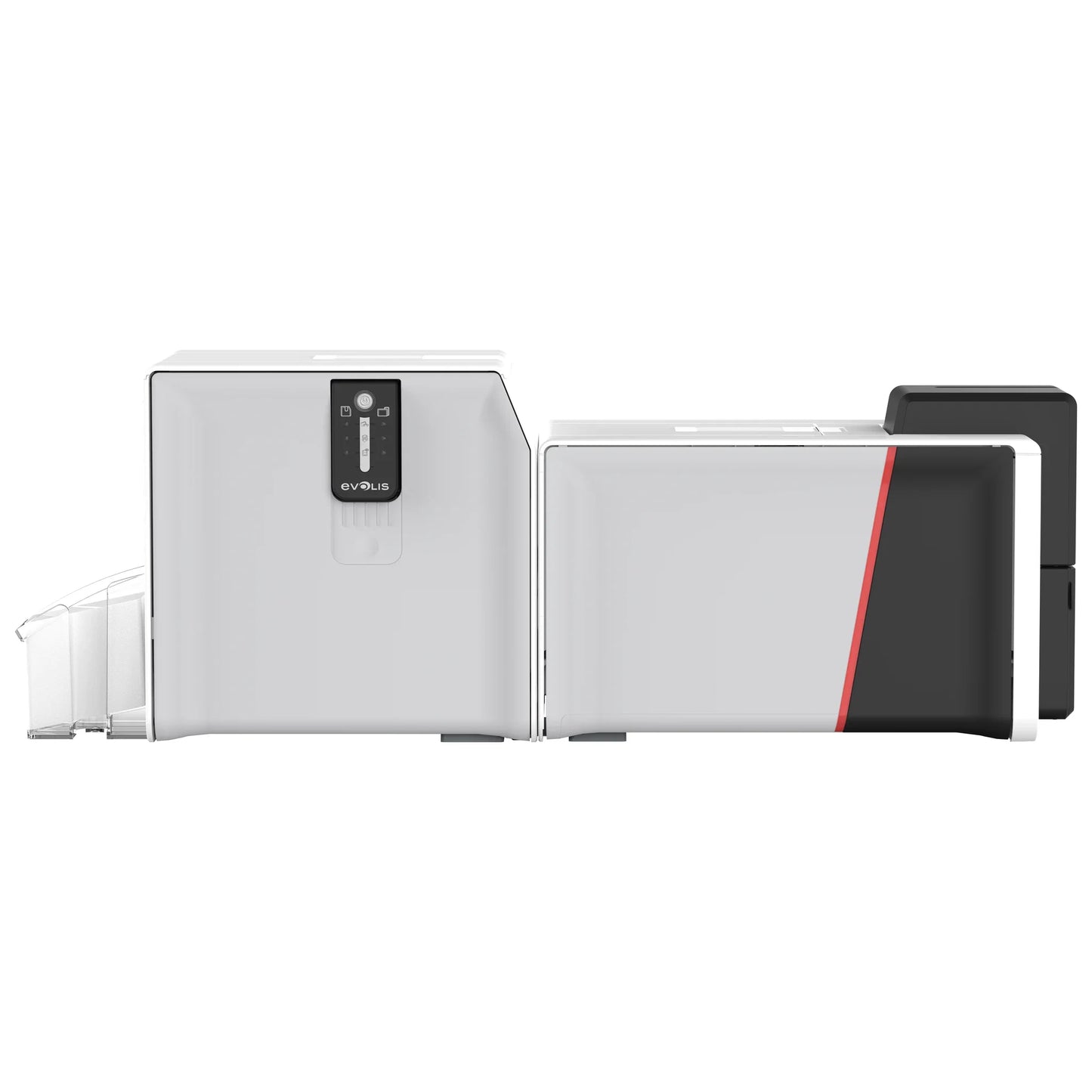 Evolis Primacy 2 ID card printer connected to the Card Lamination Module (CLM), front view of the combined print and lamination system