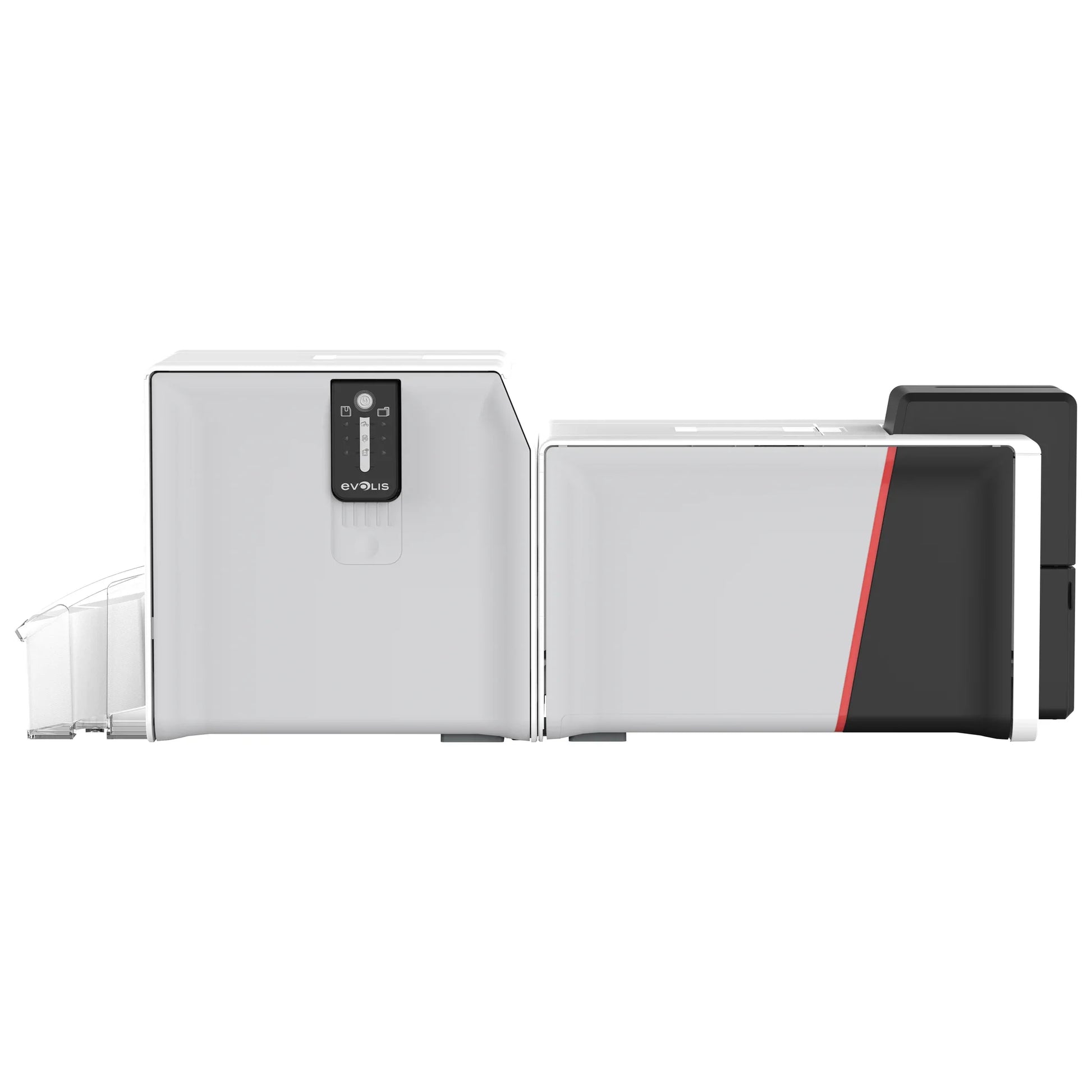 Evolis Primacy 2 ID card printer connected to the Card Lamination Module (CLM), front view of the combined print and lamination system