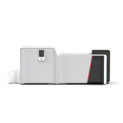 Evolis Primacy 2 LCD ID card printer with color touchscreen connected to the Card Lamination Module (CLM), front view of the combined print and lamination system