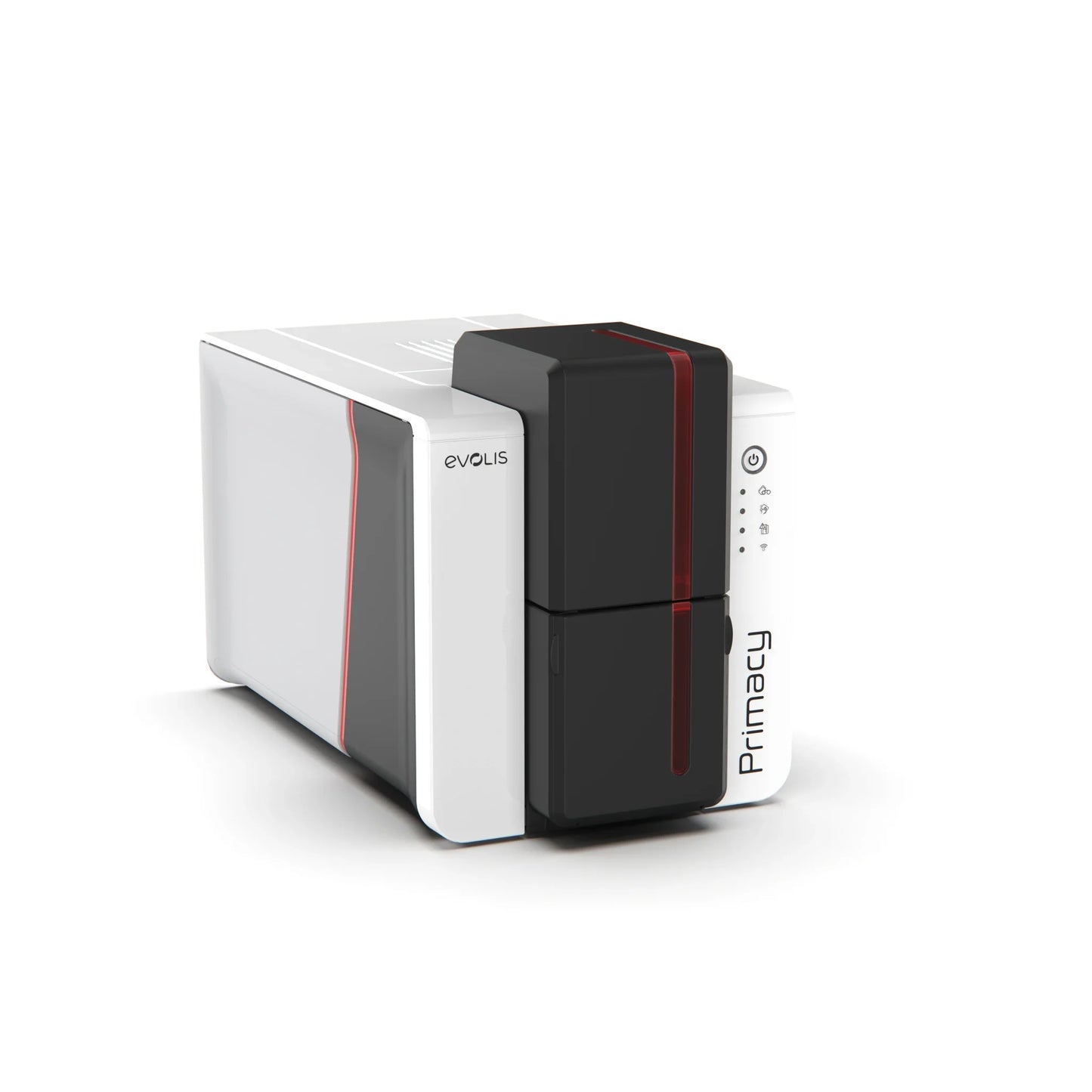 Evolis Primacy 2 ID card printer right front angle, LED indicator panel. Sold by Specialist ID.