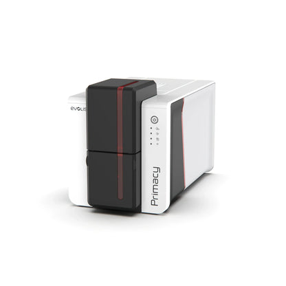 Evolis Primacy 2 ID card printer, LED indicator panel, front angle. Sold by Specialist ID.