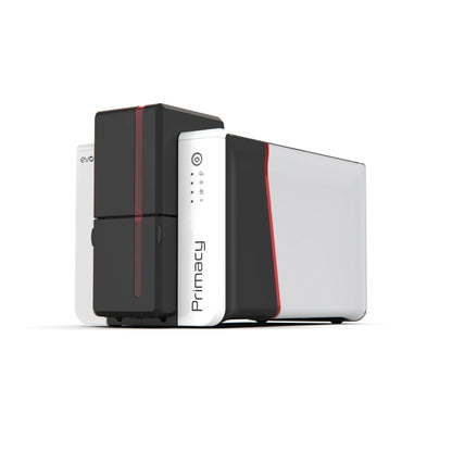Evolis Primacy 2 ID card printer left side with Primacy branding. Sold by Specialist ID.