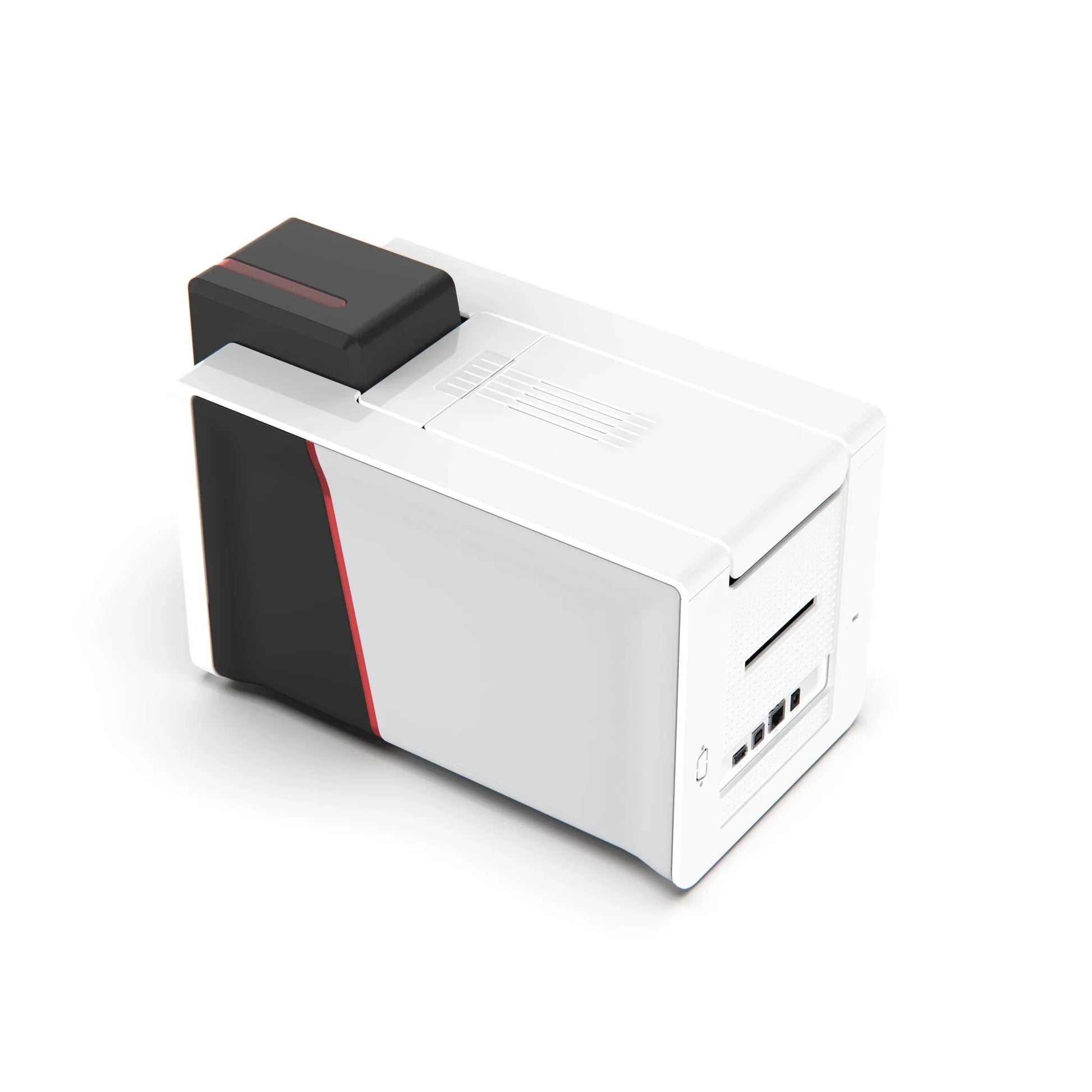 Evolis Primacy 2 ID card printer side view with card output. Sold by Specialist ID.