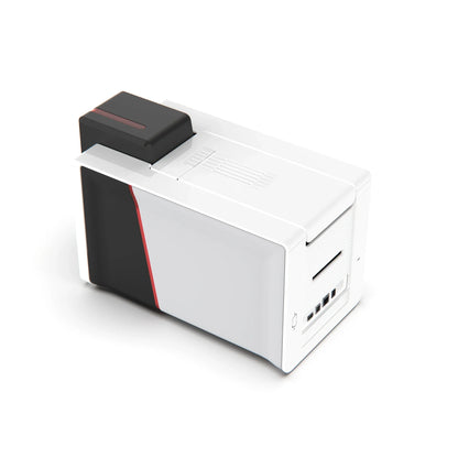 Evolis Primacy 2 ID card printer side view with card output. Sold by Specialist ID.