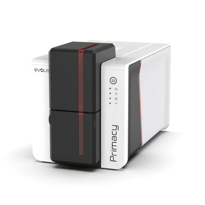 A white Evolis Primacy 2 Single Sided ID Card Printer with black and red accents, featuring buttons and a power indicator on its front panel, designed for high-resolution printing.