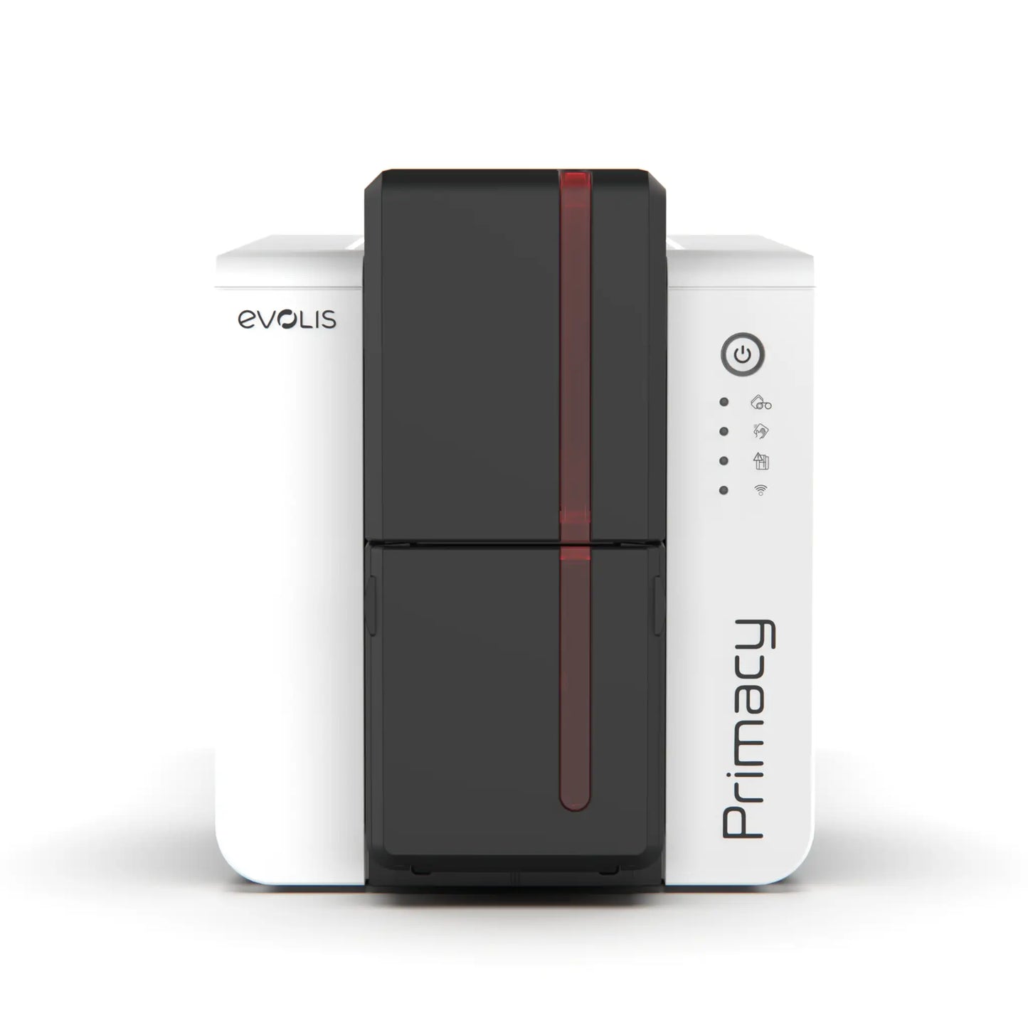 A white Evolis Primacy 2 Single Sided ID Card Printer with a black and red front panel and various control buttons, offering high-resolution printing. Sold by Specialist ID.
