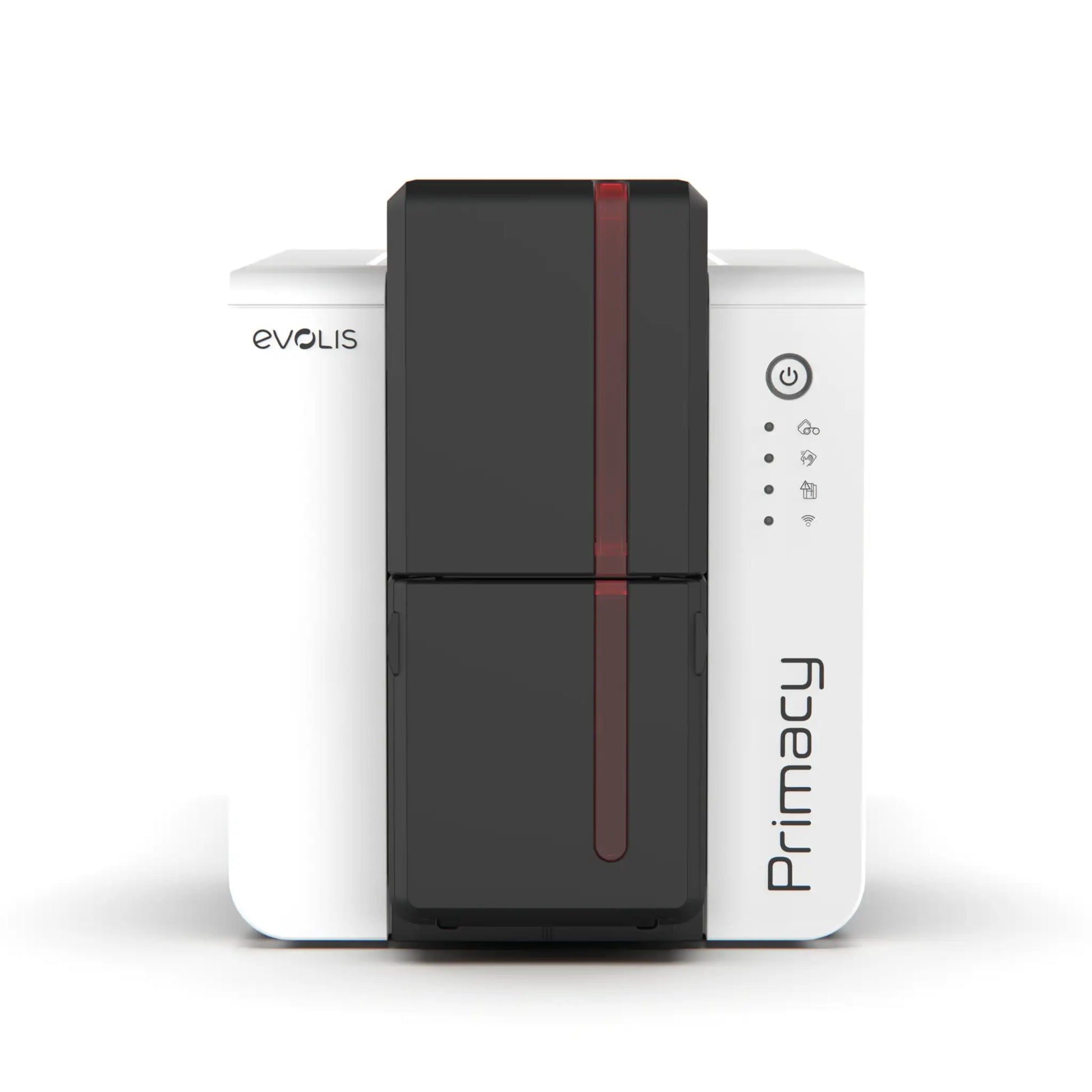A white Evolis Primacy 2 Single Sided ID Card Printer with a black and red front panel and various control buttons, offering high-resolution printing. Sold by Specialist ID.