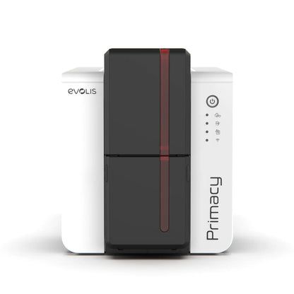 A white Evolis Primacy 2 Single Sided ID Card Printer with a black and red front panel and various control buttons, offering high-resolution printing. Sold by Specialist ID.
