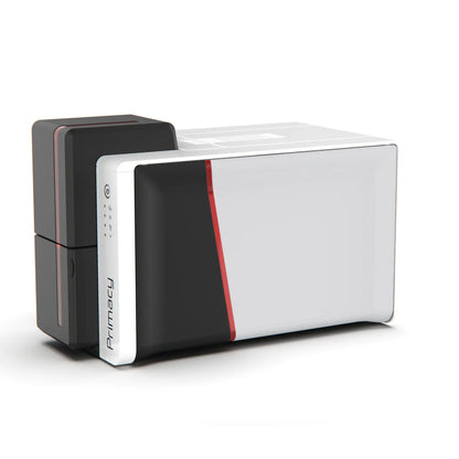 A white and black ID card printer with a red accent stripe, labeled "Evolis Primacy 2 Single Sided ID Card Printer" on the front, offering high-resolution printing. Sold by Specialist ID.