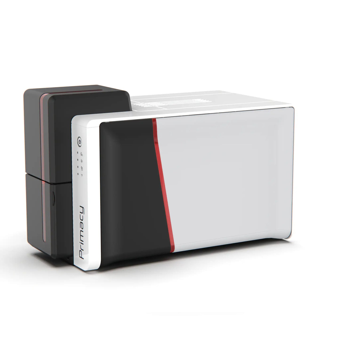 A white and black ID card printer with a red accent stripe, labeled "Evolis Primacy 2 Single Sided ID Card Printer" on the front, offering high-resolution printing. Sold by Specialist ID.