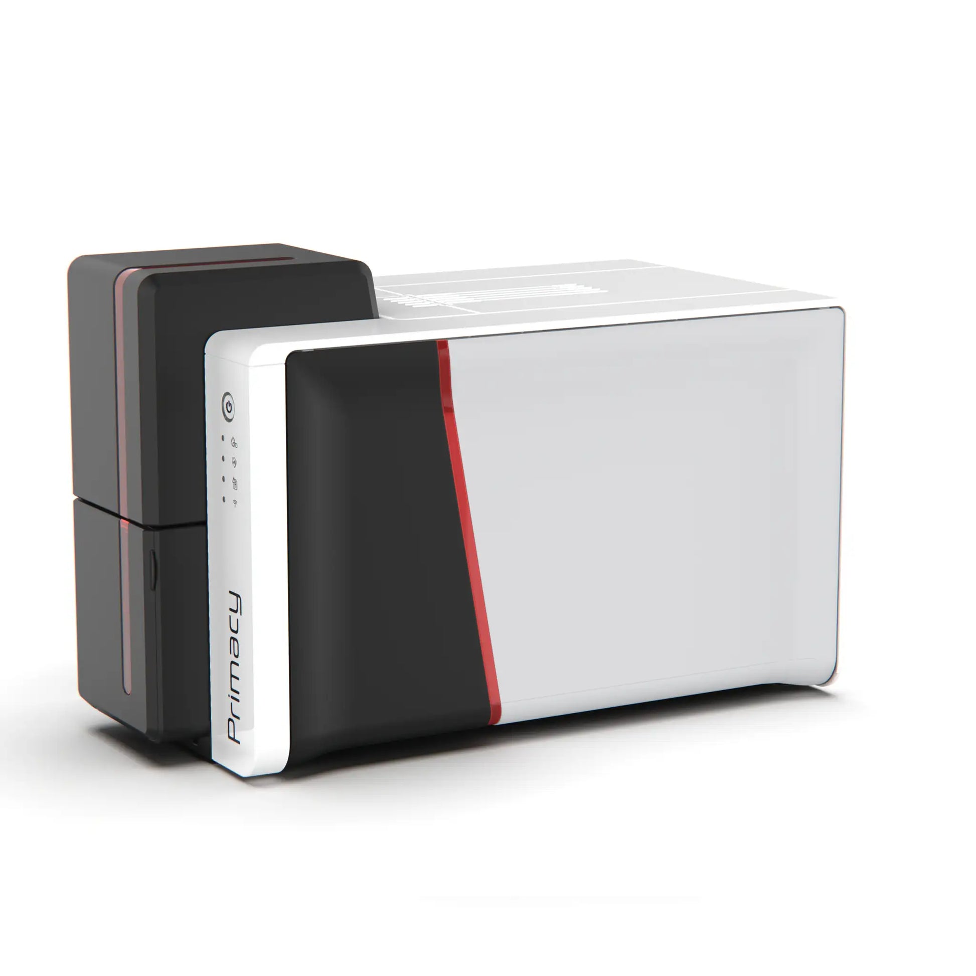 A white and black ID card printer with a red accent stripe, labeled "Evolis Primacy 2 Single Sided ID Card Printer" on the front, offering high-resolution printing. Sold by Specialist ID.
