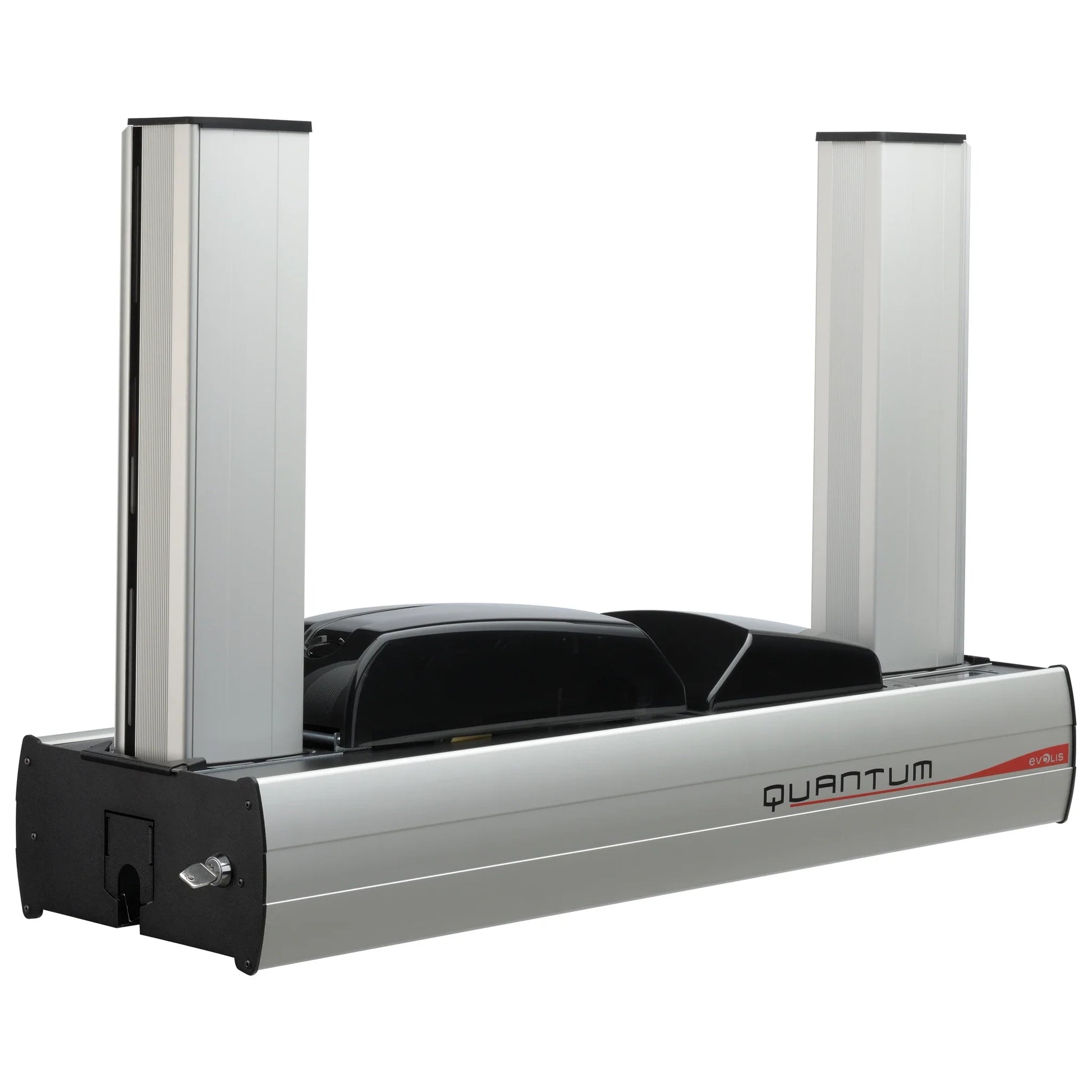 Evolis Quantum 2 centralized card printer, angled view of the aluminium body and detachable hoppers