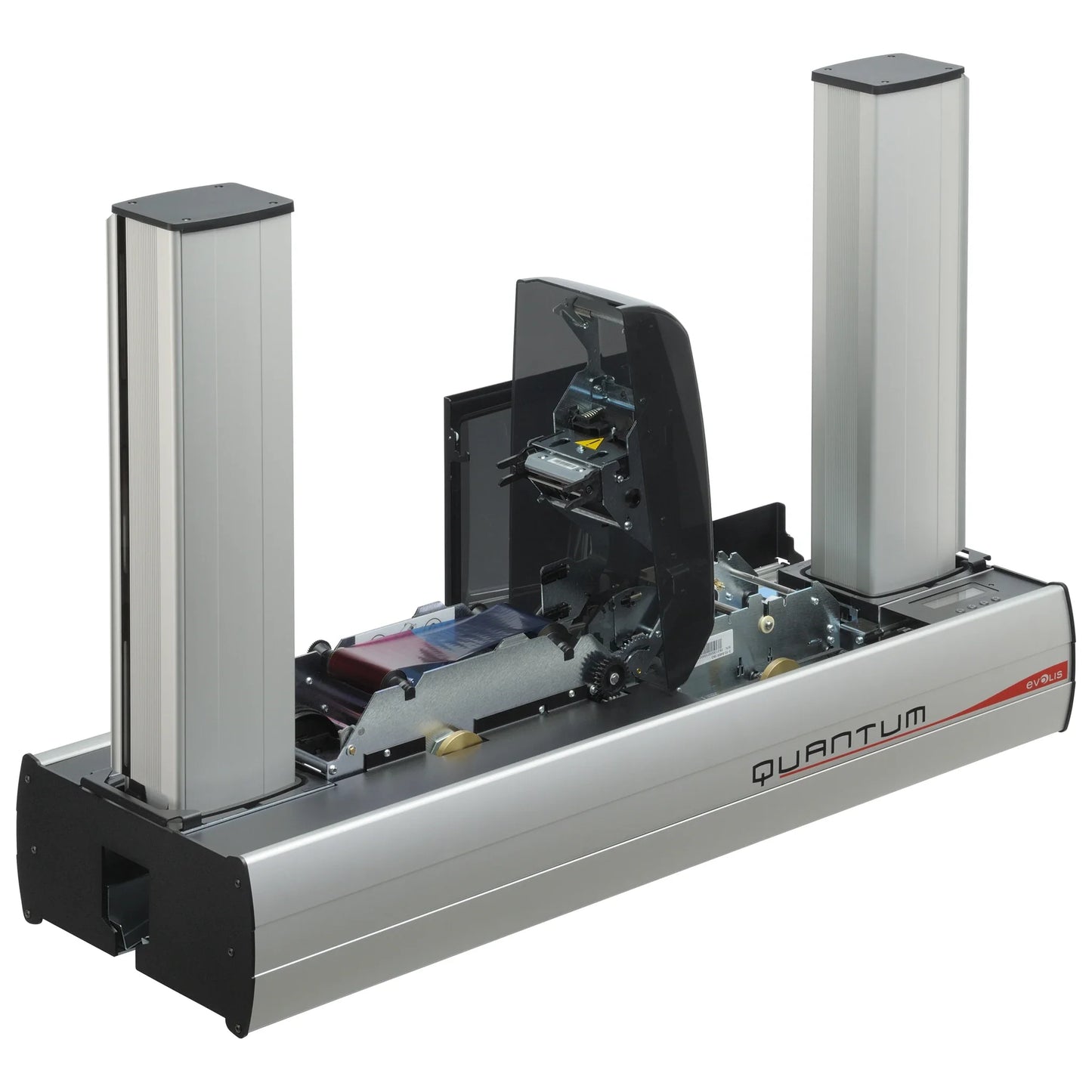Evolis Quantum 2 opened for maintenance, showing the print mechanism between the 500-card hopper towers