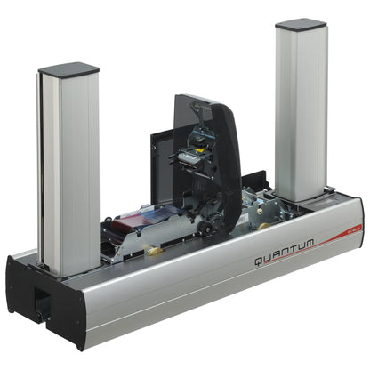Evolis Quantum 2 opened for maintenance, showing the print mechanism between the 500-card hopper towers