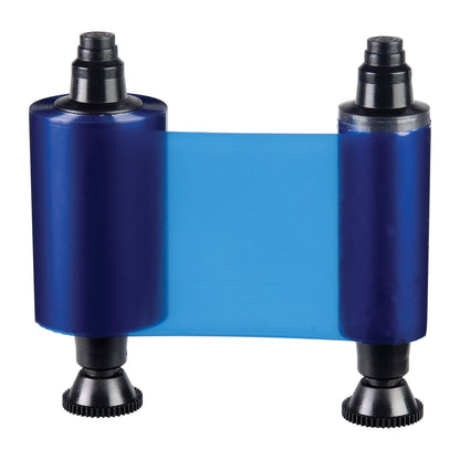 The Evolis R2012 HighTrust Blue Monochrome Ribbon, compatible with Quantum 2 and Securion printers, delivers up to 1000 prints per roll and features both transparent and solid blue sections.
