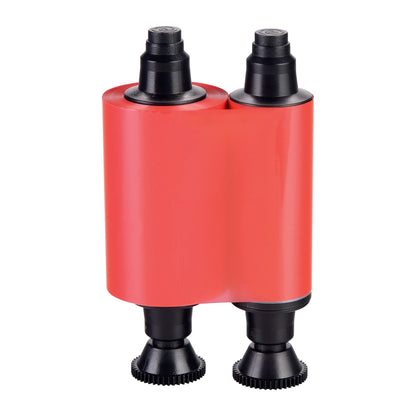 The Evolis R2013 HighTrust Red Monochrome Ribbon for Quantum 2 and Securion card printers delivers up to 1000 prints, shown with black plastic ends, isolated on a white background.