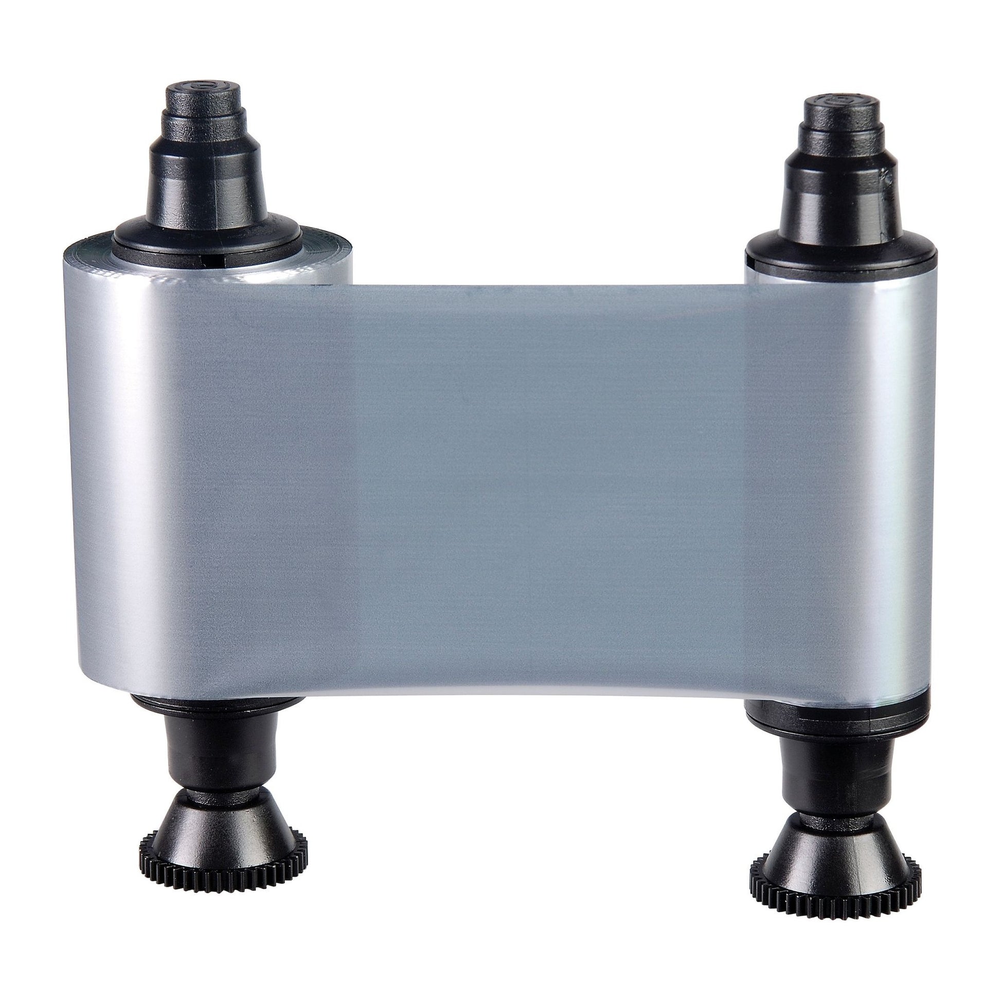 The Evolis R2017 HighTrust Metallic Silver Monochrome Ribbon for Quantum 2 and Securion (1000 prints) is shown with two black spools against a white background.