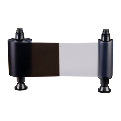 The Evolis R3012 HighTrust KO Black Ribbon, for Quantum 2 and Securion printers, features black and clear sections on two black spools and yields up to 500 prints for card or label applications.