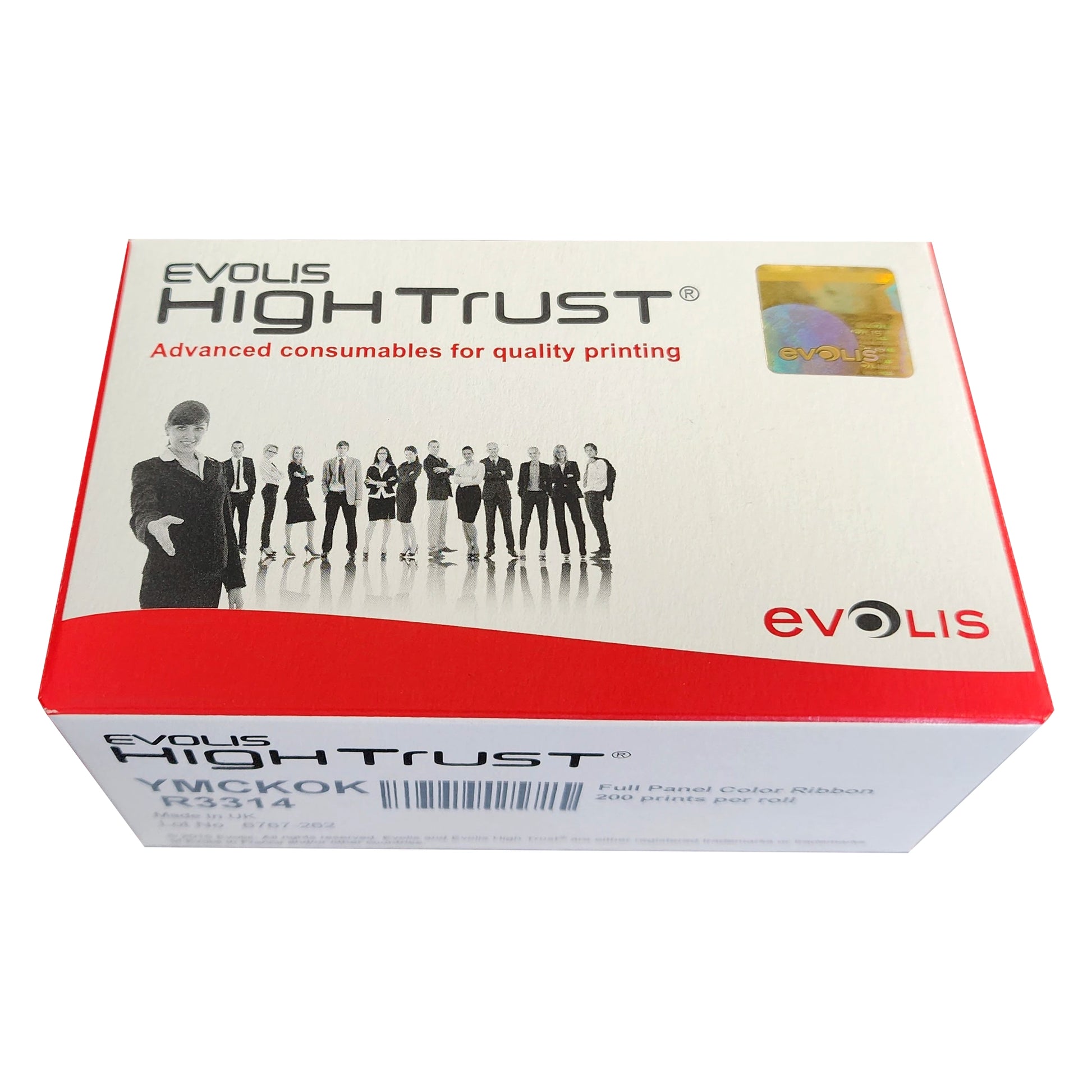 Box of Evolis High Trust advanced consumables containing the Evolis R3314 Full Color YMCKOK Ribbon – 200 prints. The box features a group photo graphic, red and white branding, and Evolis holographic seal, photographed on a white background. Sold by Specialist ID, an authorized Evolis dealer.