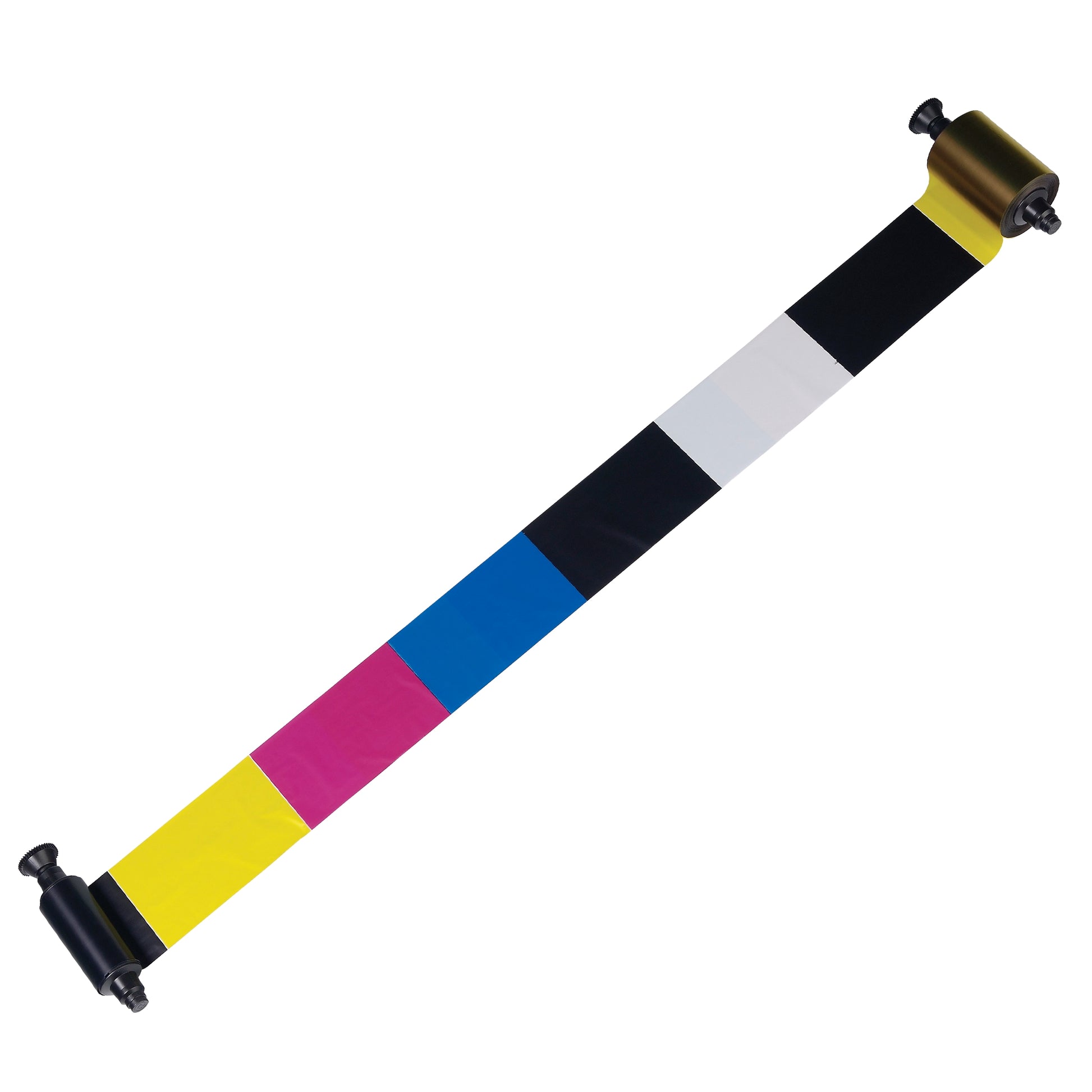 An unrolled length of the Evolis R3314 YMCKOK Full Color Ribbon (200 prints), showing distinct panels of yellow, magenta, cyan, black, white, and overlay black on twin black plastic spools. Ideal for full-color card printing with dual-sided black panels. Sold by Specialist ID, an authorized Evolis dealer.