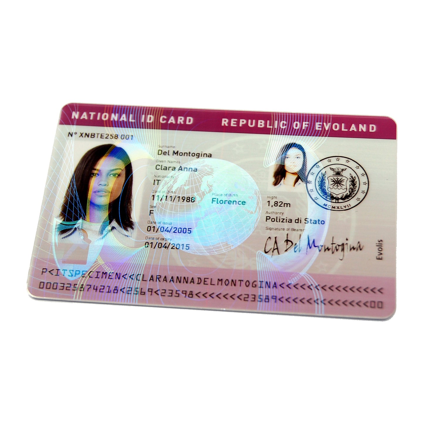 A national ID card from the Republic of Evoland displays a photo, personal details, official signature, and secure holographic seal created with the Evolis R4213 HighTrust Hologram Varnish Ribbon using the Securion printer.