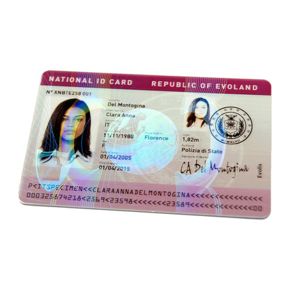 A national ID card from the Republic of Evoland displays a photo, personal details, official signature, and secure holographic seal created with the Evolis R4213 HighTrust Hologram Varnish Ribbon using the Securion printer.