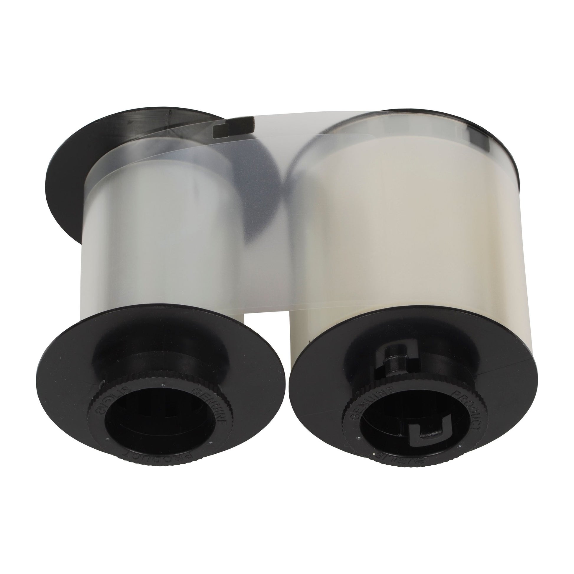 The Evolis R4221 HighTrust Full Clear Patch Laminate for the Securion, 200 Prints, is a transparent printer ribbon cartridge with two black spools and clear film, perfect for ID card lamination.